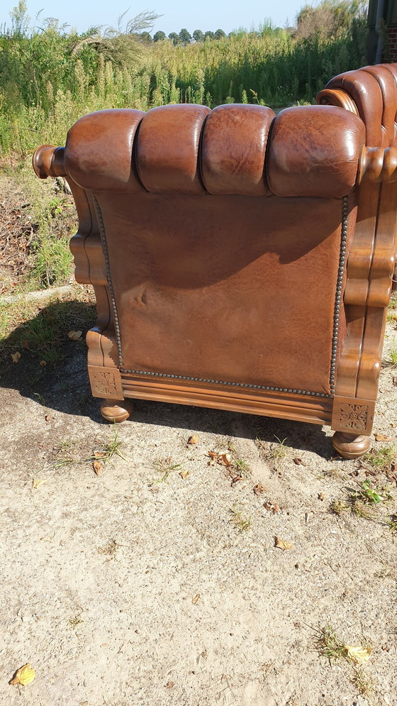 Image 1 of Retro Vintage Klassiek Leder Fauteuils Met Bank Notenhout 