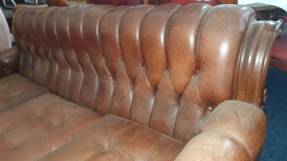 Image 1 of Retro Vintage Klassiek Leder Fauteuils Met Bank Notenhout 