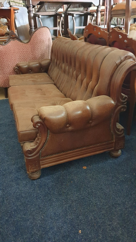 Image 1 of Retro Vintage Klassiek Leder Fauteuils Met Bank Notenhout 