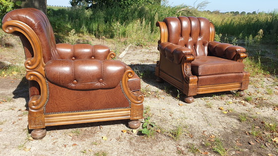 Image 1 of Retro Vintage Klassiek Leder Fauteuils Met Bank Notenhout 