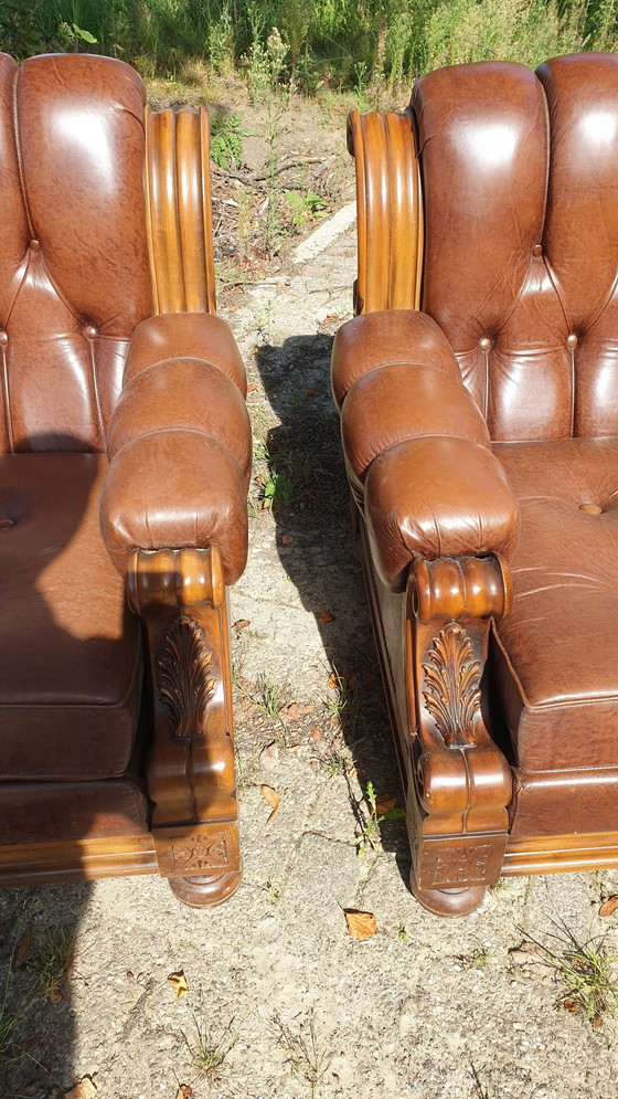 Image 1 of Retro Vintage Klassiek Leder Fauteuils Met Bank Notenhout 