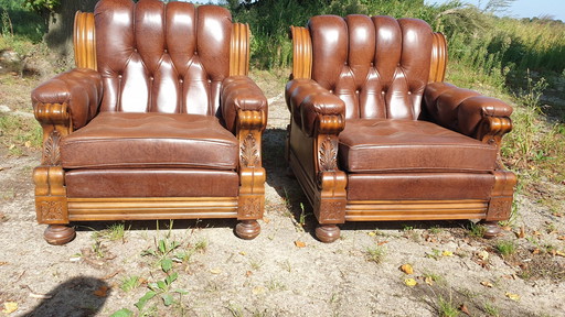 Retro Vintage Klassiek Leder Fauteuils Met Bank Notenhout 