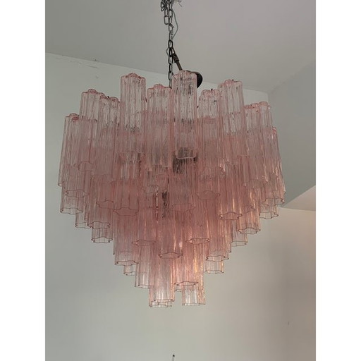 Murano stijl glazen spoetnik kroonluchter roze en Brunito metalen frame