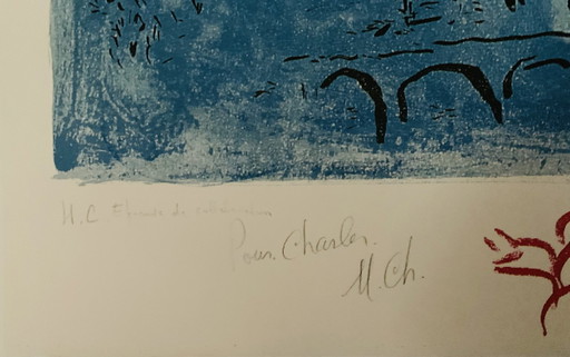 Marc Chagall "Le Ciel Bleu, 1964" Kleurenlitho. Getekend In De Plaat. Van Hoge Kwaliteit. In Uitstekende Staat.