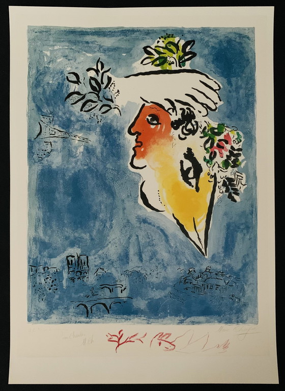 Image 1 of Marc Chagall "Le Ciel Bleu, 1964" Kleurenlitho. Getekend In De Plaat. Van Hoge Kwaliteit. In Uitstekende Staat.