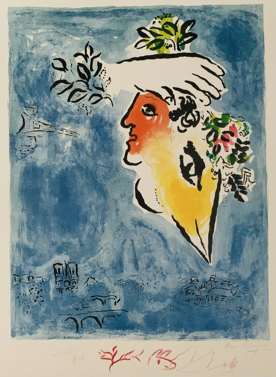 Image 1 of Marc Chagall "Le Ciel Bleu, 1964" Kleurenlitho. Getekend In De Plaat. Van Hoge Kwaliteit. In Uitstekende Staat.