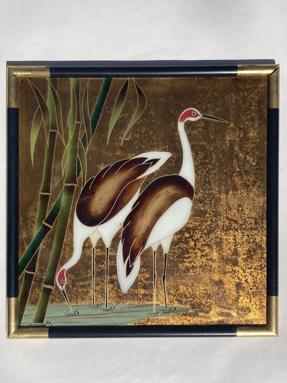 Image 1 of Chinese omgekeerde glasschildering van kraanvogels of zilverreigers, 1960S