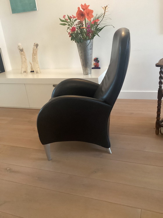 Image 1 of 2x Molinari Zwart Leren Fauteuils Ontwerper Voor Molinari Teun Van Zanten