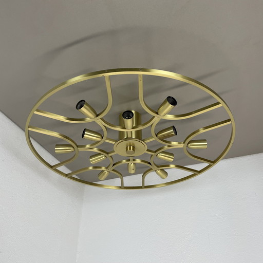 Grote 64cm messing 12 bollen Stilnovo stijl plafondlamp, Italië 1960S