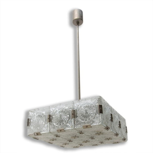 Vintage glazen en verchroomd stalen hanglamp van Kamenický Senov, Tsjecho-Slowakije 1970
