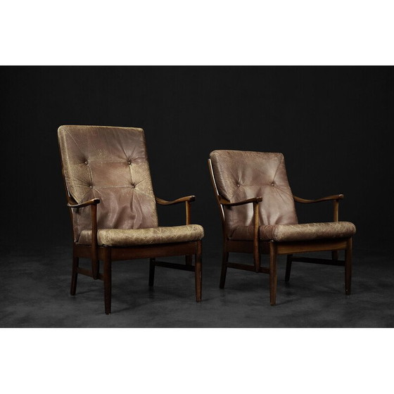 Image 1 of Vintage Deense beukenhouten en bruin leren fauteuil van Farstrup Møbler, 1970