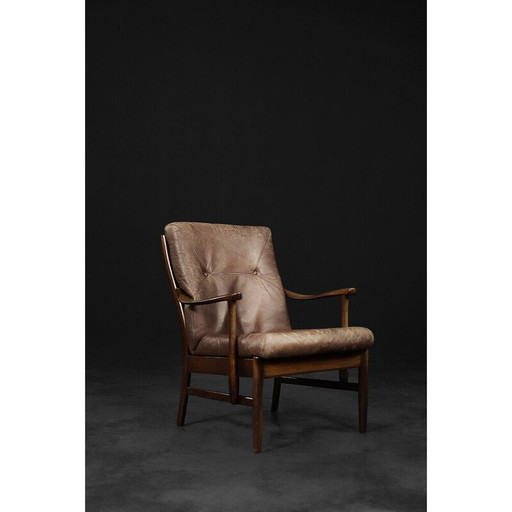 Vintage Deense beukenhouten en bruin leren fauteuil van Farstrup Møbler, 1970