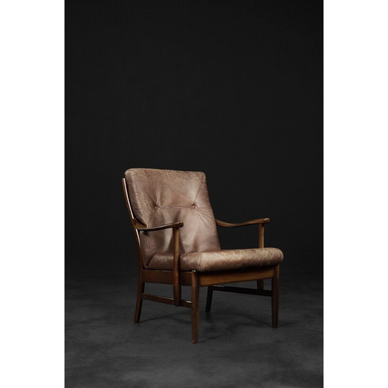 Image 1 of Vintage Deense beukenhouten en bruin leren fauteuil van Farstrup Møbler, 1970