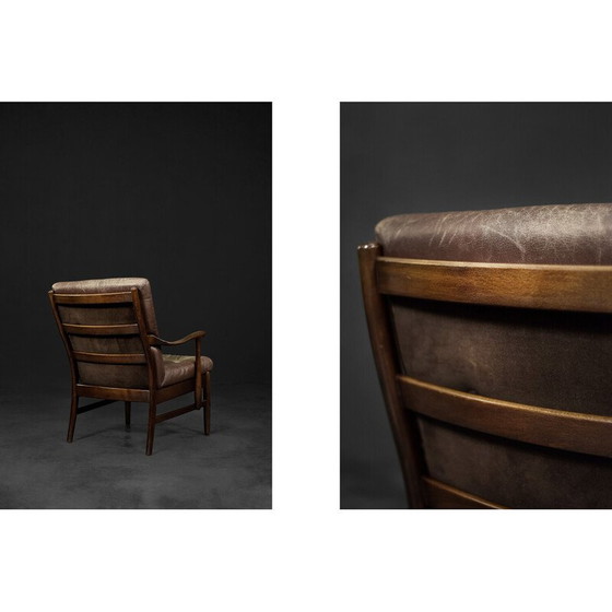 Image 1 of Vintage Deense beukenhouten en bruin leren fauteuil van Farstrup Møbler, 1970