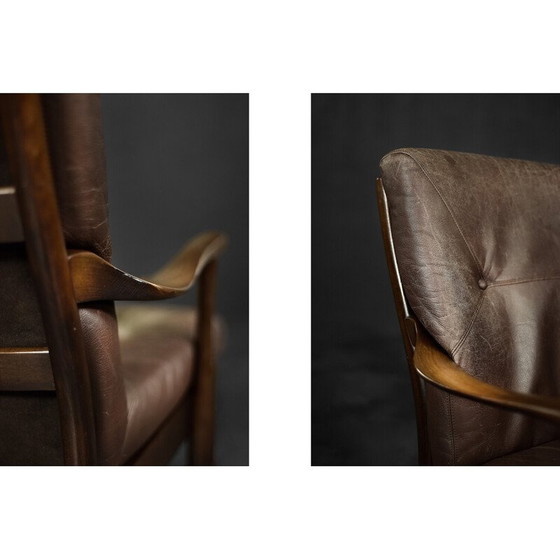 Image 1 of Vintage Deense beukenhouten en bruin leren fauteuil van Farstrup Møbler, 1970