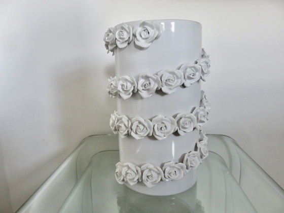 Image 1 of Witte Barbotine Keramische Vaas, Italië, jaren 1980