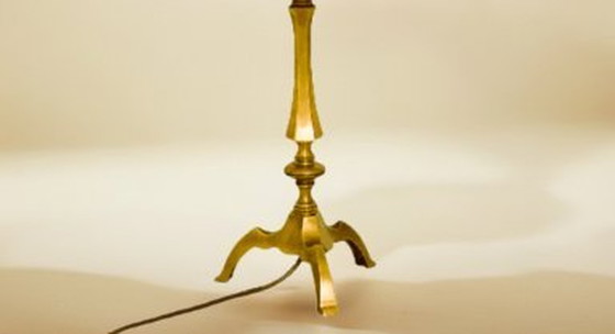 Image 1 of Elegante vintage messing tafellamp met blauwe kap