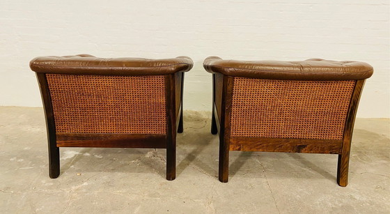 Image 1 of Deense Mid Century Vintage Retro Bruin Leer & Rotan Clubfauteuils 60S