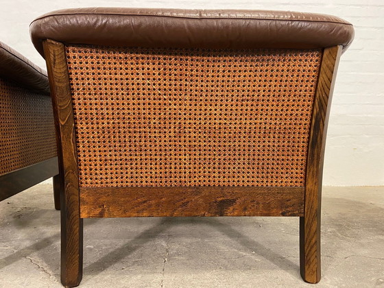 Image 1 of Deense Mid Century Vintage Retro Bruin Leer & Rotan Clubfauteuils 60S