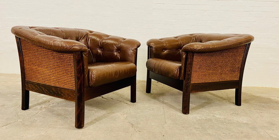 Image 1 of Deense Mid Century Vintage Retro Bruin Leer & Rotan Clubfauteuils 60S