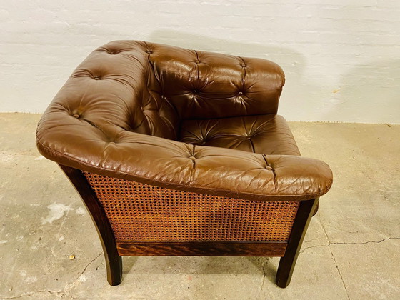 Image 1 of Deense Mid Century Vintage Retro Bruin Leer & Rotan Clubfauteuils 60S