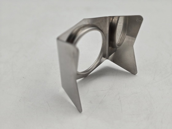 Image 1 of Eierhouder Set - Set Van 6 Rvs Eierdoppen Op Houten Houder - Roestvrij Staal, Hout - Vintage Design