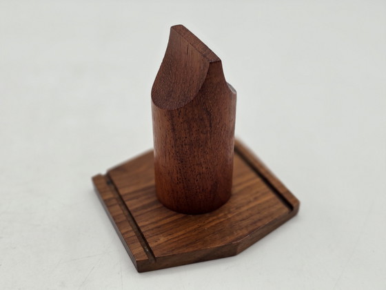 Image 1 of Eierhouder Set - Set Van 6 Rvs Eierdoppen Op Houten Houder - Roestvrij Staal, Hout - Vintage Design