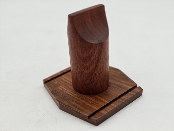 Image 1 of Eierhouder Set - Set Van 6 Rvs Eierdoppen Op Houten Houder - Roestvrij Staal, Hout - Vintage Design