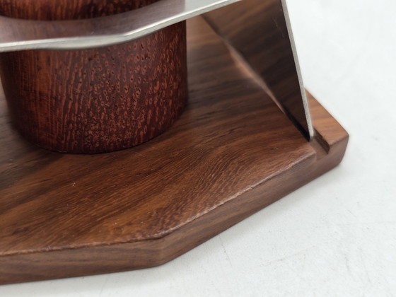 Image 1 of Eierhouder Set - Set Van 6 Rvs Eierdoppen Op Houten Houder - Roestvrij Staal, Hout - Vintage Design