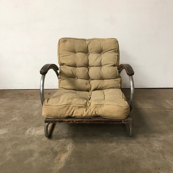 Image 1 of 1930S Buisvormige fauteuil met houten armleuningen