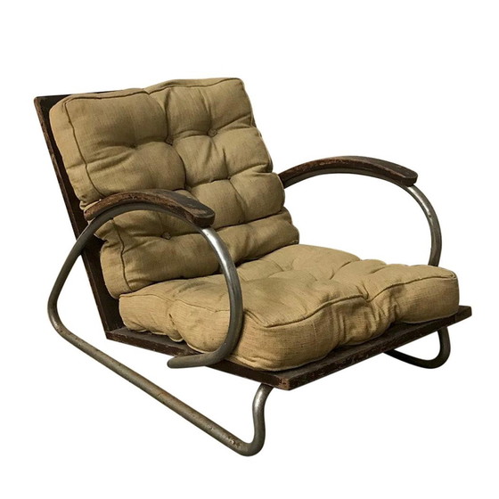 Image 1 of 1930S Buisvormige fauteuil met houten armleuningen