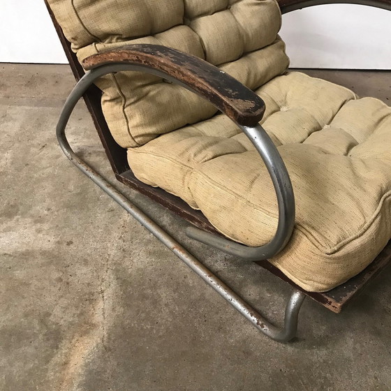 Image 1 of 1930S Buisvormige fauteuil met houten armleuningen