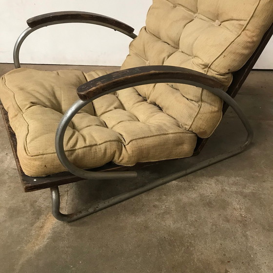 Image 1 of 1930S Buisvormige fauteuil met houten armleuningen