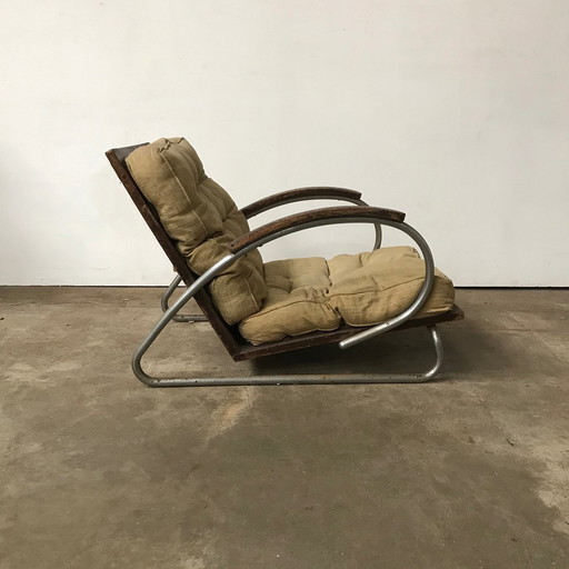 1930S Buisvormige fauteuil met houten armleuningen