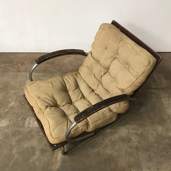 Image 1 of 1930S Buisvormige fauteuil met houten armleuningen