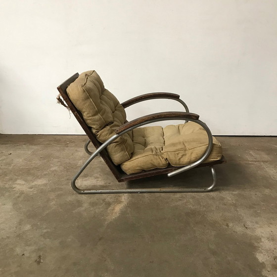 Image 1 of 1930S Buisvormige fauteuil met houten armleuningen