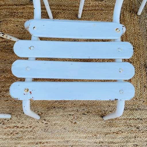 Set van 5 vintage witte houten en stalen stoelen