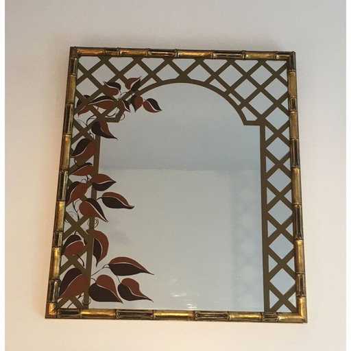 Decoratieve vintage spiegel in verguld hout en bedrukt bloemmotief, 1970