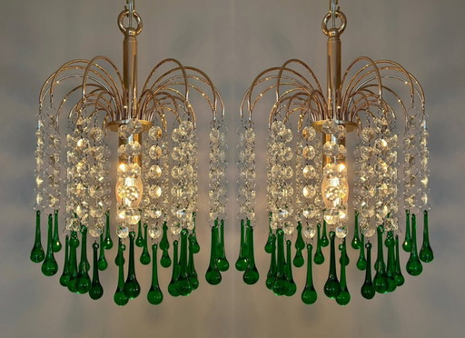 Set Van 3 Stuks Teardrop Hanglampen Vintage Groen Kristallen Pegels Goud Frame  