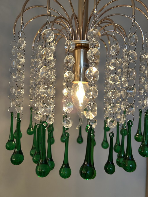 Set Van 3 Stuks Teardrop Hanglampen Vintage Groen Kristallen Pegels Goud Frame  