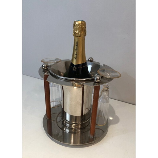 Vintage verzilverde metalen en lederen champagne-emmer met flutes display, Frankrijk 1970