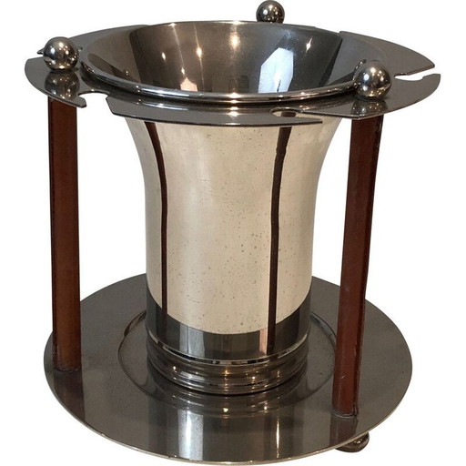 Vintage verzilverde metalen en lederen champagne-emmer met flutes display, Frankrijk 1970