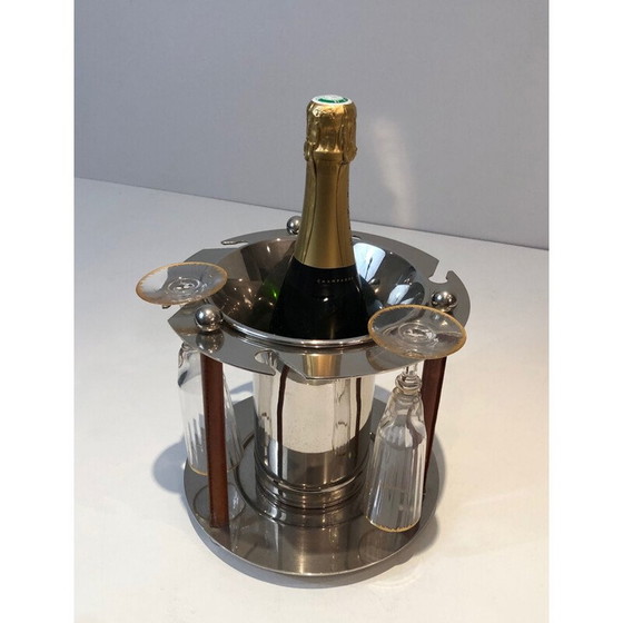 Image 1 of Vintage verzilverde metalen en lederen champagne-emmer met flutes display, Frankrijk 1970