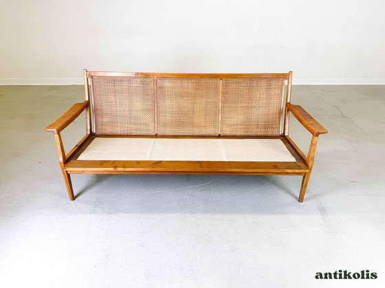 Image 1 of Mid Century Bank Kersen Fauteuil Weens vlechtwerk Vintage