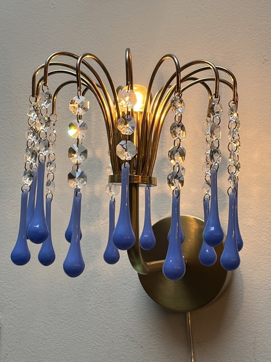 Image 1 of Set Van 2 Opaline Blauwe Vintage Wandlampen Goud Frame