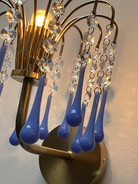 Image 1 of Set Van 2 Opaline Blauwe Vintage Wandlampen Goud Frame