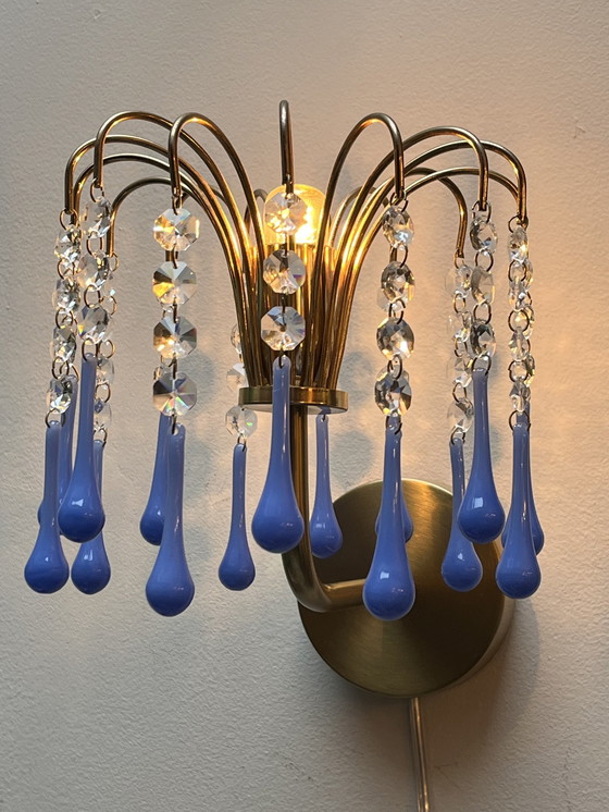 Image 1 of Set Van 2 Opaline Blauwe Vintage Wandlampen Goud Frame