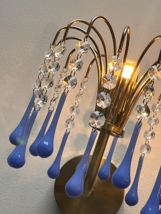 Image 1 of Set Van 2 Opaline Blauwe Vintage Wandlampen Goud Frame