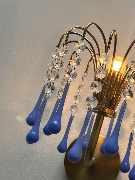 Image 1 of Set Van 2 Opaline Blauwe Vintage Wandlampen Goud Frame