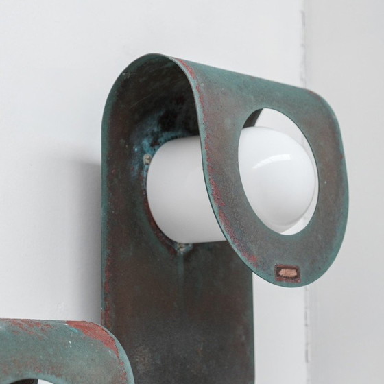 Image 1 of Paar vintage wandlampen in gepatineerd koper en opaline glas voor Horn, Denemarken 1980